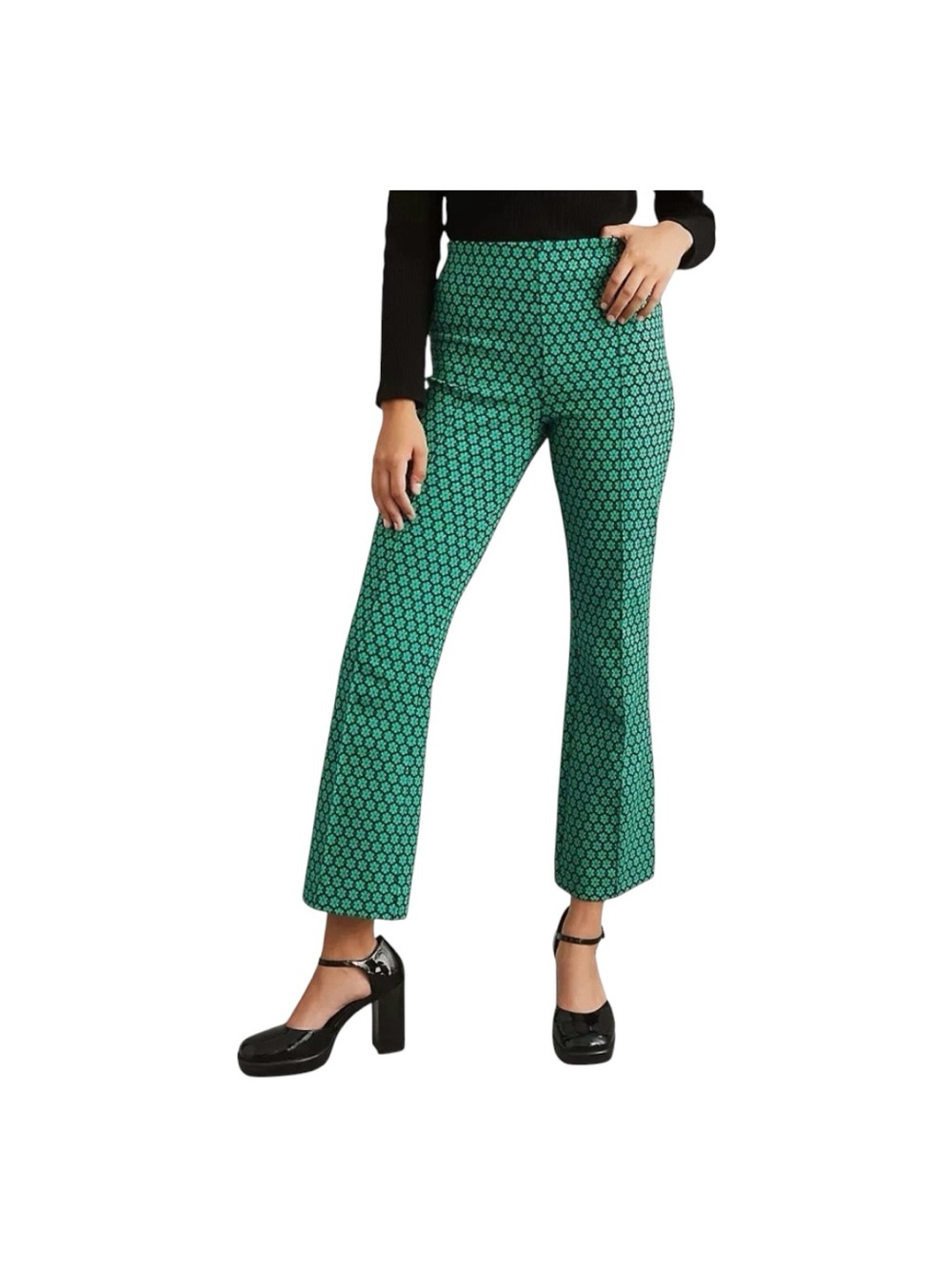 Maeve By Anthropology Green Patterned Morgot Pants Flare Crop High-Rise XL
